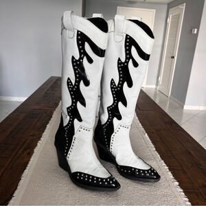 Joku Black & White Leather Cowboy Boots With Studs Size 8